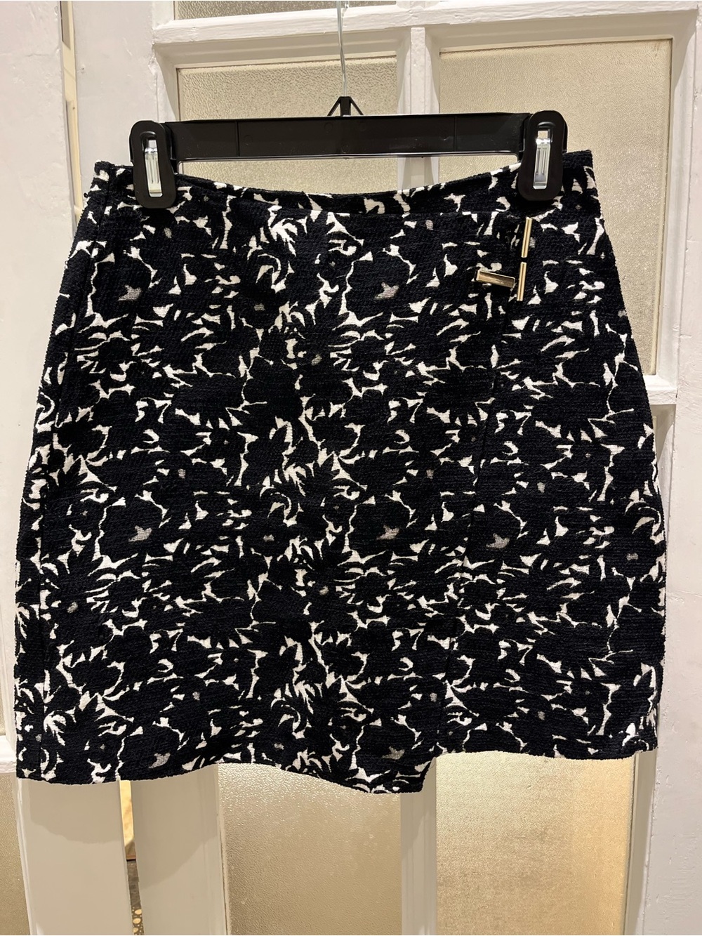 Reiss Black and White Floral Tweed Mini Skirt with Gold Hardware